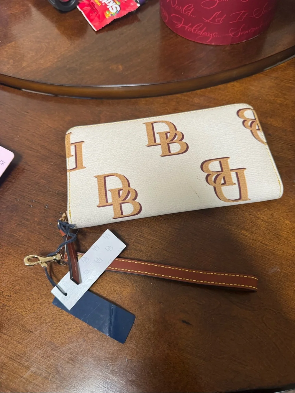 Dooney & Bourke Monogram Large Zip Around Wristlet  Wallet Clutch Beige